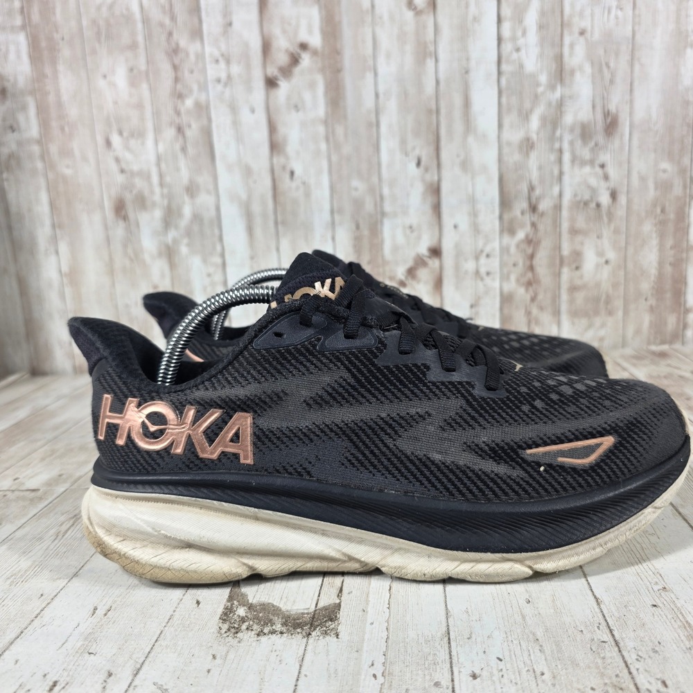 Hoka Clifton 9 Wide Womens 10D Black Rose Gold Running Shoes 1132211 BRGL